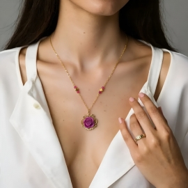 Bohemian floral necklace Rosa in 24K gold plated brass, pink rose in polymer clay, handmade Joanna Calla