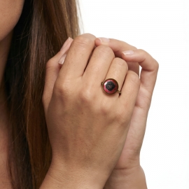 Round Gold Ring with Red and Black Flower