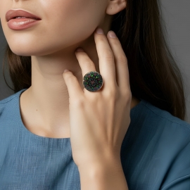 Bohemian round ring green pink mandala