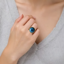 Bohemian floral ring, in golden stainless steel, blue dahlia, handmade, unique piece, Joanna Calla