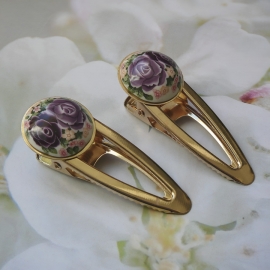 Pince dorée florale, gypsy, bohème, bijoux fleurs, deux roses violet, bijoux à cheveux floraux, fait main, Joanna Calla