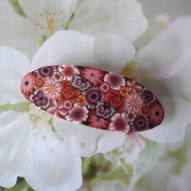 Bohemian floral barrette, oval hair clip, gypsy, red flowers in polymer clay, handmade, Joanna Calla