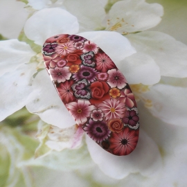 Bohemian floral barrette, oval hair clip, gypsy, red flowers in polymer clay, handmade, Joanna Calla