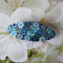 Bohemian floral barrette, oval hair clip, gypsy, blue flowers in polymer clay, handmade, Joanna Calla