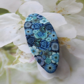 Barrette florale pince à cheveux ovale, gypsy, bohème, bijoux fleurs bleues en argile polymère, fait main, Joanna Calla