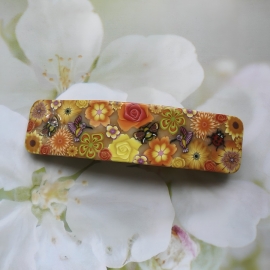 Bohemian floral barrette, rectangular hair clip, gypsy, orange flowers, in polymer clay, handmade, Joanna Calla