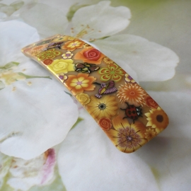 Barrette florale, pince à cheveux rectangulaire, bohème, bijoux fleurs orange jaune en argile polymère, fait main, Joanna Calla