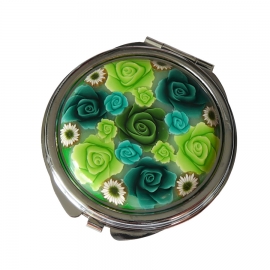 Miroir de sac rond en métal argenté, bijoux fleurs vertes en argile polymère, fait main, miroir de poche, Joanna Calla