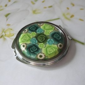Miroir de sac rond fleurs vertes