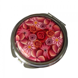 Miroir de sac rond en métal argenté, bijoux fleurs rouges en argile polymère, fait main, miroir de poche, Joanna Calla