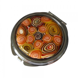 Miroir de sac rond en métal argenté, bohème, spirales orange marron en argile polymère, fait main, miroir de poche, Joanna Calla