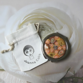 Miroir de sac rond en métal argenté, bohème, spirales orange marron en argile polymère, fait main, miroir de poche, Joanna Calla