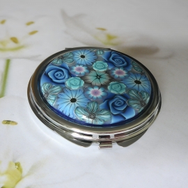 Miroir de sac rond fleurs bleues