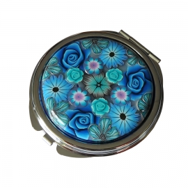 Miroir de sac rond en métal argenté, bijoux fleurs bleues en argile polymère, fait main, miroir de poche, Joanna Calla