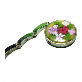 Accroche-sac rond en métal argenté, fleurs roses en argile polymère, fait main, Joanna Calla