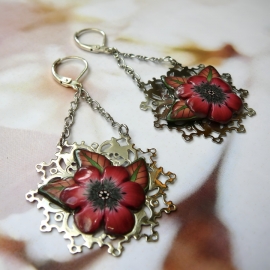Bohemian floral pendant earrings in silver brass, red flower in polymer clay, handmade, Joanna Calla