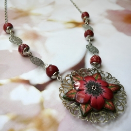 Bohemian floral filigree pendant necklace in rhodium silver brass, red flower in polymer clay, Joanna Calla