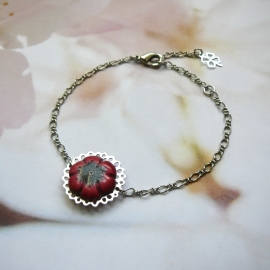 Bracelet fin floral, bohème, en laiton argent, bijoux fleurs cerisier rouge, bijoux floraux, nature, fait main, Joanna Calla