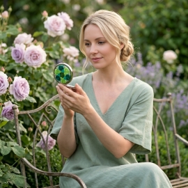 Miroir de sac rond en métal argenté, bijoux fleurs vertes en argile polymère, fait main, miroir de poche, Joanna Calla