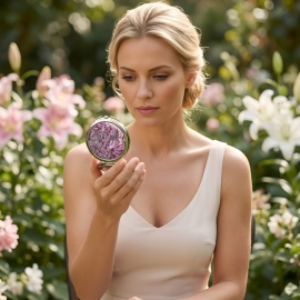 Miroir de sac rond en métal argenté, bohème, rose gris en argile polymère, fait main, miroir de poche, Joanna Calla