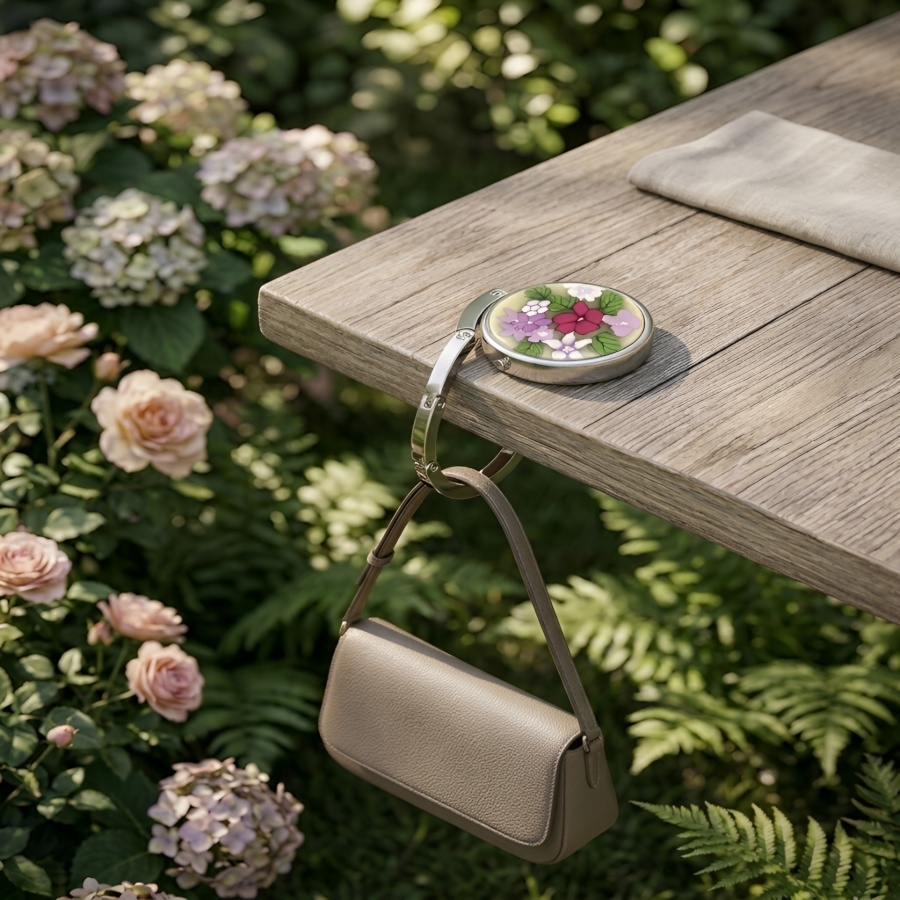 Accroche-sac rond en métal argenté, fleurs roses en argile polymère, fait main, Joanna Calla