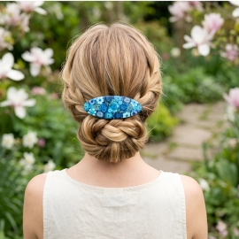 Bohemian floral barrette, oval hair clip, gypsy, blue flowers in polymer clay, handmade, Joanna Calla
