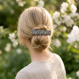 Bohemian barrette, rectangular hair clip, gypsy pop, black white in polymer clay, handmade, Joanna Calla