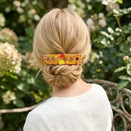 Bohemian floral barrette, rectangular hair clip, gypsy, orange flowers, in polymer clay, handmade, Joanna Calla