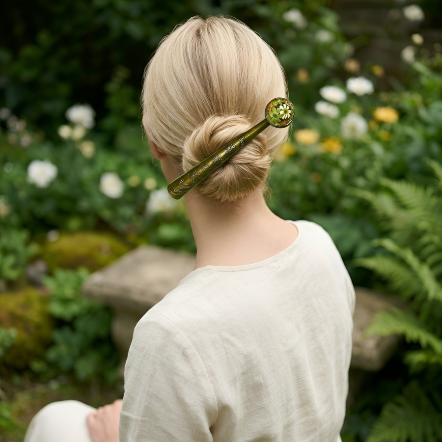 Bohemian floral hair bun clip, gypsy, flower hair jewelry, green brown flowers, handmade, Joanna Calla