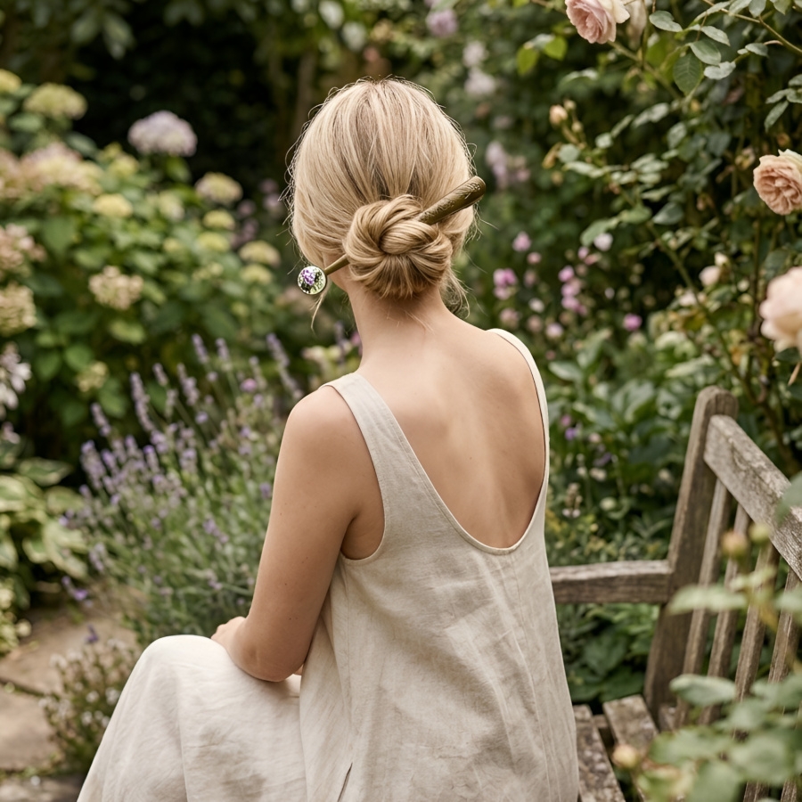 Pince à chignon florale, gypsy, bohème, bijoux fleurs, pensées mauves, bijoux à cheveux floraux, nature, fait main, Joanna Calla