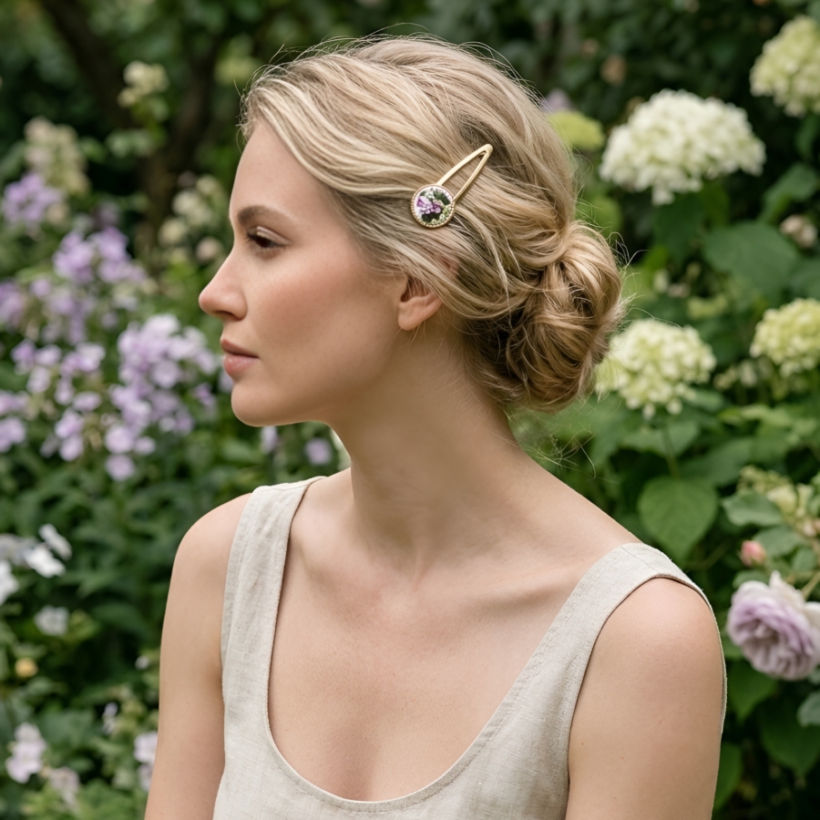 Pince dorée mat florale, gypsy, bohème, bijoux fleurs, pensées mauves, bijoux à cheveux floraux, fait main, Joanna Calla