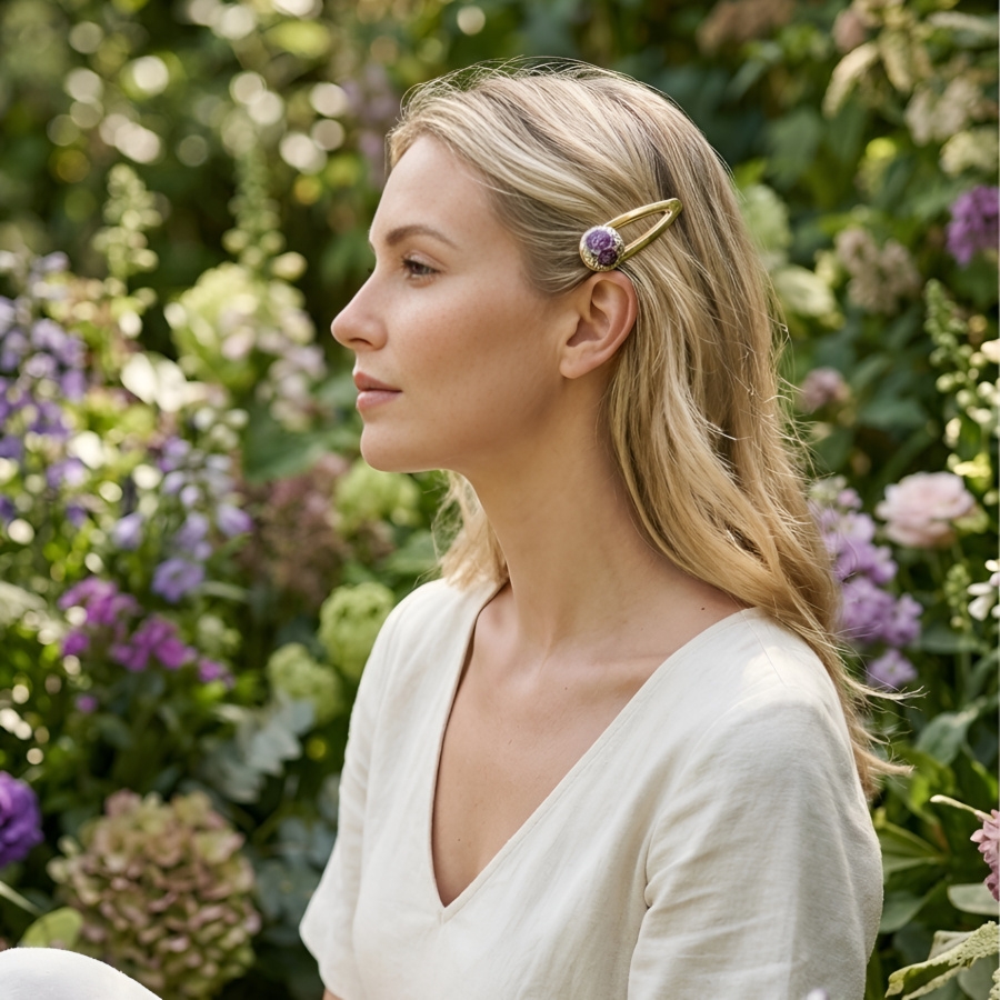 Pince dorée florale, gypsy, bohème, bijoux fleurs, deux roses violet, bijoux à cheveux floraux, fait main, Joanna Calla