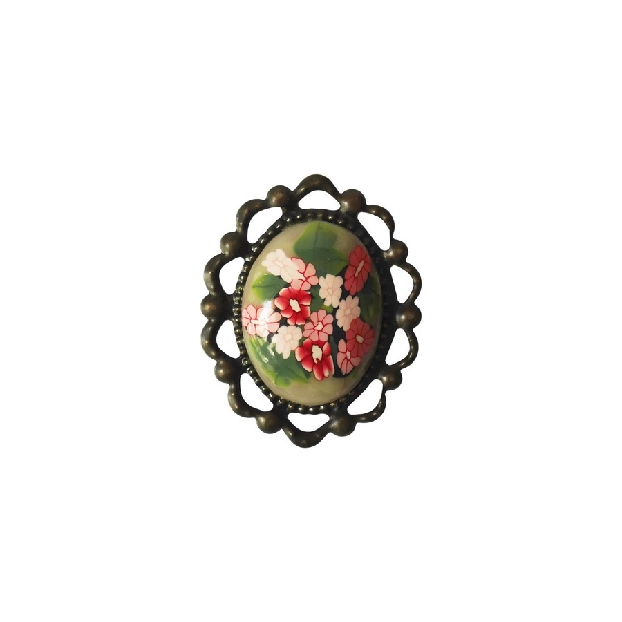 Broche rétro ovale fleurs rouges, fait main, Joanna Calla