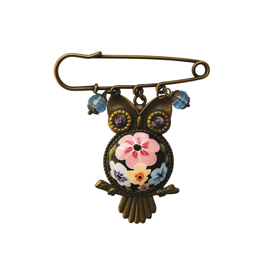 Broche épingle hibou fleurs, fait main, Joanna Calla