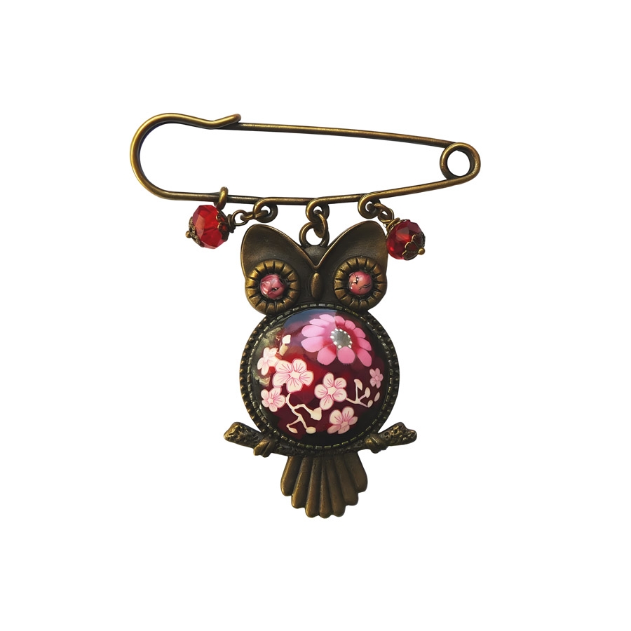 Broche épingle hibou fleurs roses, Joanna calla