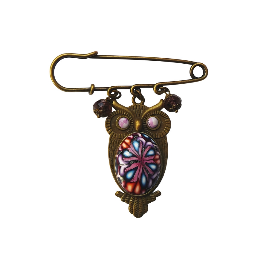 Broche épingle hibou mandala violet bleu, Joanna Calla