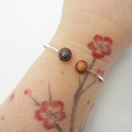 Bohemian adjustable silver bangle bracelet, pink brown mandala in polymer clay, handmade unique piece, Joanna Calla