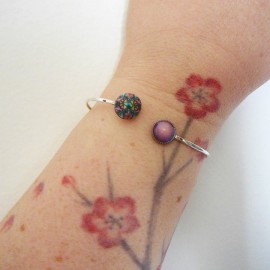 Bracelet jonc floral, en argent 925, bijoux fleurs mandala violet vert, bijoux floraux, nature, fait main, Joanna Calla