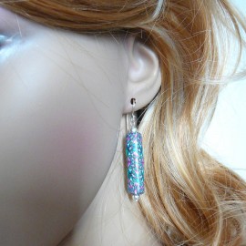 Boucles d'oreilles longues pendantes, en argent, bijoux graphiques, mandala vert rose, nature, fait main, Joanna Calla
