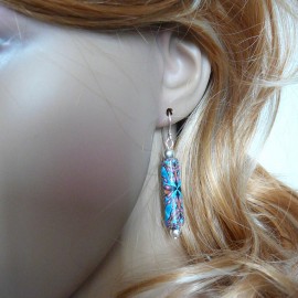 Bohemian pendant earrings in silver, blue brown mandala, handmade unique piece, Joanna Calla