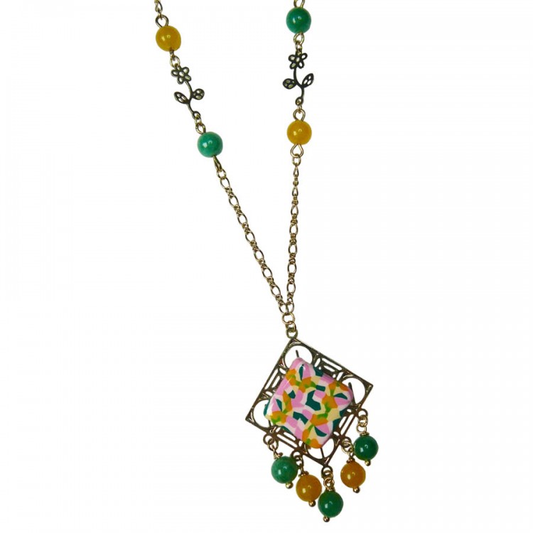 Bohemian necklace Thalie gold plated, green pink yellow mandala in polymer clay, handmade Joanna Calla