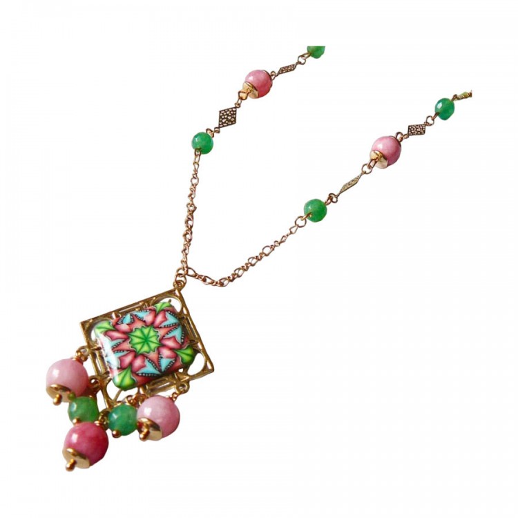 Bohemian necklace Thalie, gold plated brass, green pink mandala in polymer clay, handmade Joanna Calla