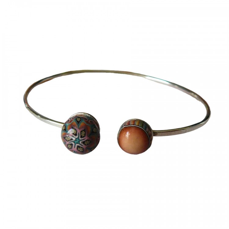 Bohemian adjustable silver bangle bracelet, pink brown mandala in polymer clay, handmade unique piece, Joanna Calla