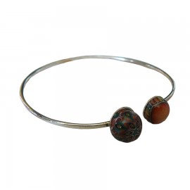 Bohemian adjustable silver bangle bracelet, pink brown mandala in polymer clay, handmade unique piece, Joanna Calla
