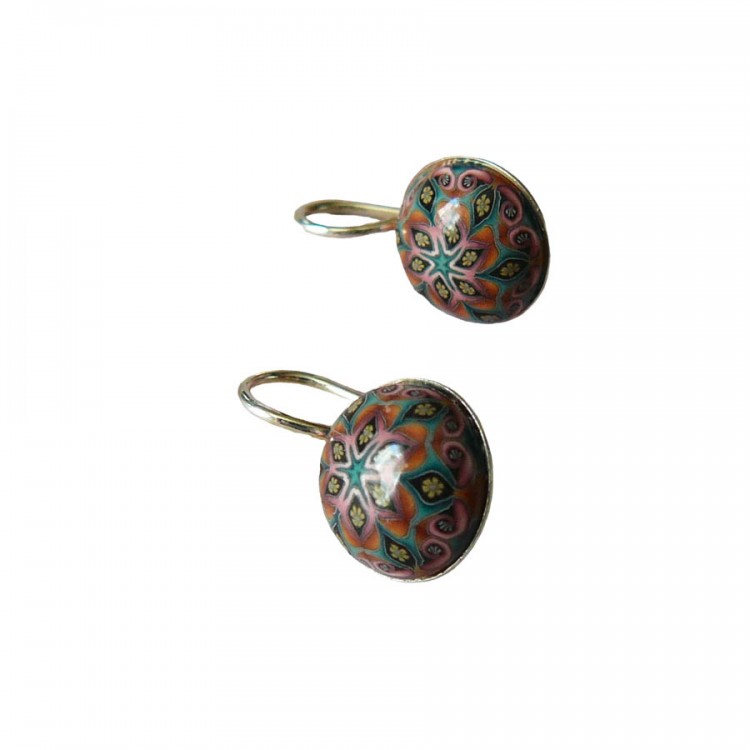 Bohemian lever-back earrings in silver, pink brown mandala, handmade unique piece, Joanna Calla