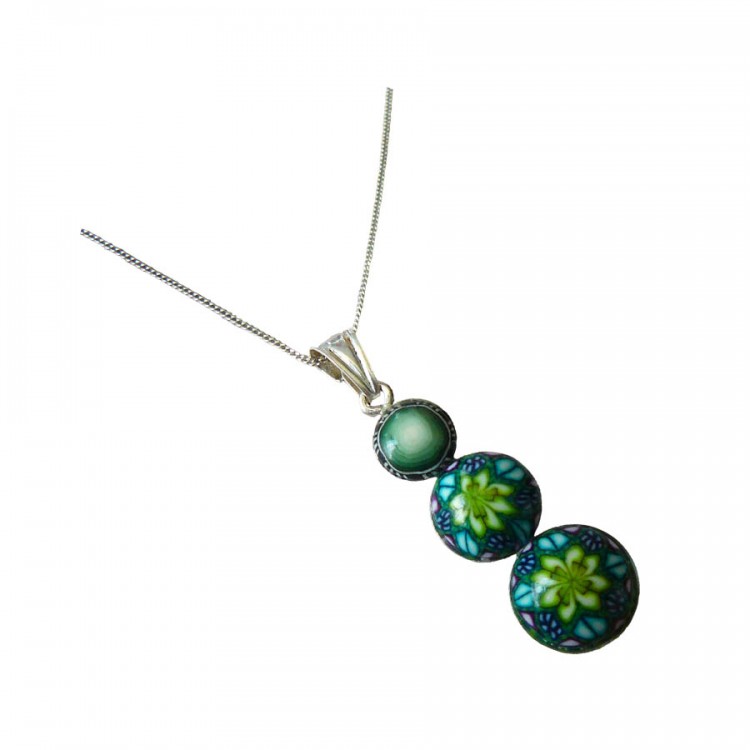 Fine short bohemian necklace in silver, green yellow mandala, handmade unique piece, Joanna Calla