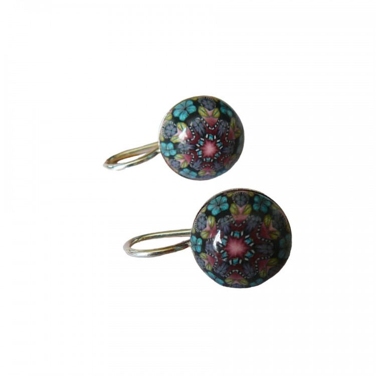 Bohemian lever-back earrings in silver, blue red mandala, handmade unique piece, Joanna Calla