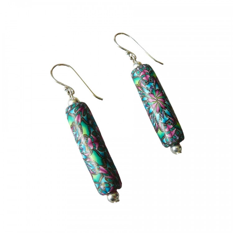 Bohemian pendant earrings in silver, green pink mandala, handmade unique piece, Joanna Calla