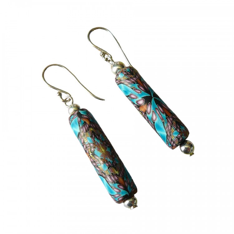 Bohemian pendant earrings in silver, blue brown mandala, handmade unique piece, Joanna Calla
