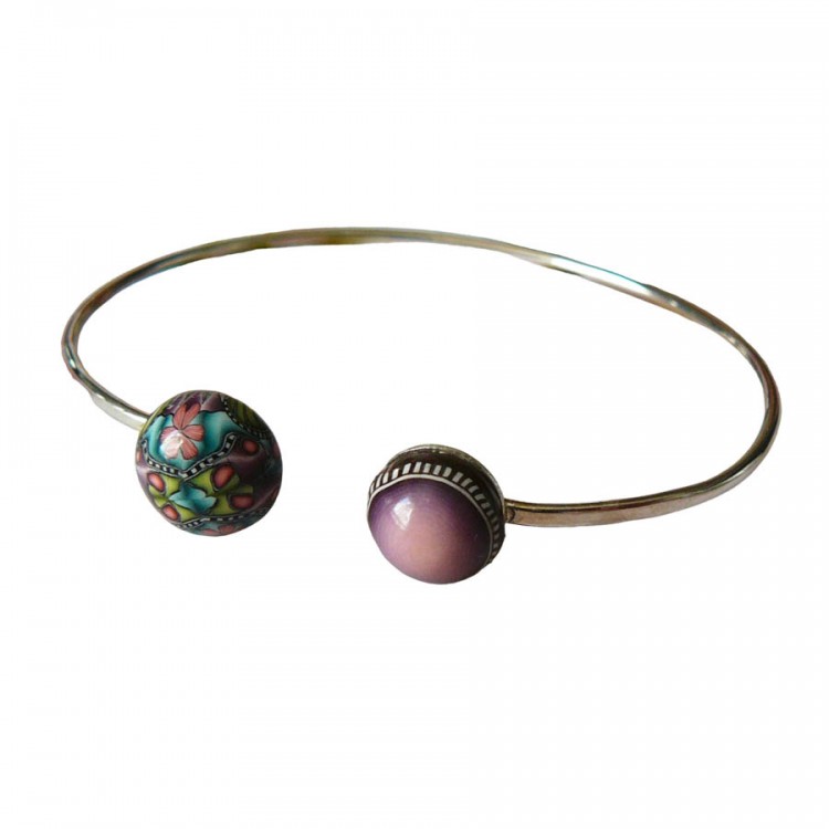 Bracelet jonc floral, en argent 925, bijoux fleurs mandala violet vert, bijoux floraux, nature, fait main, Joanna Calla